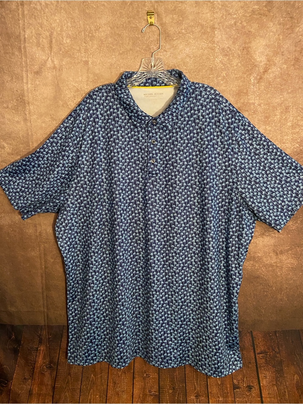 Michel Rouen-mens performance polo/golf shirt-blue palm tree print-size 3XL-EUC